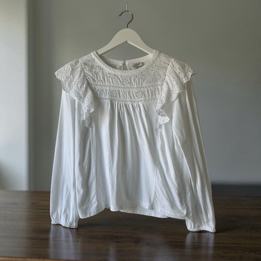 J. Crew Womens M White Keyhole Neck Long Sleeve Shirt Cotton Ruffled Shoulder